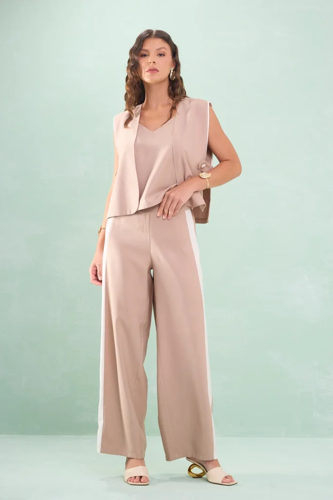 Calça Wide Leg Faixa Lateral Elástico Costas Viscose