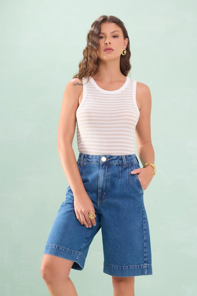 Bermuda Jeans Reta Barra Larga