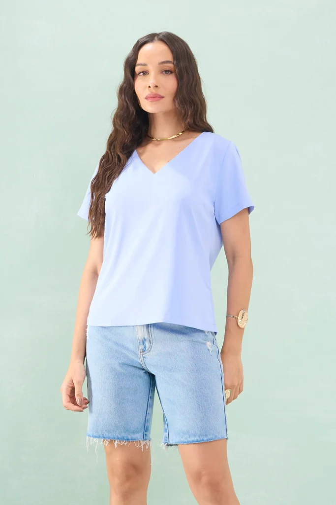 Blusa Manga Curta Decote V Crepe