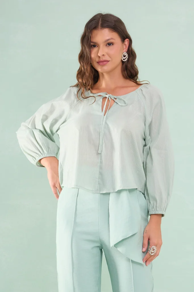 Blusa Manga Longa Com Amarração Algodão Com Lurex