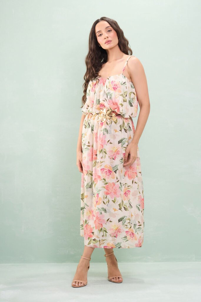 Vestido Midi Alça Fina Blusado Viscose