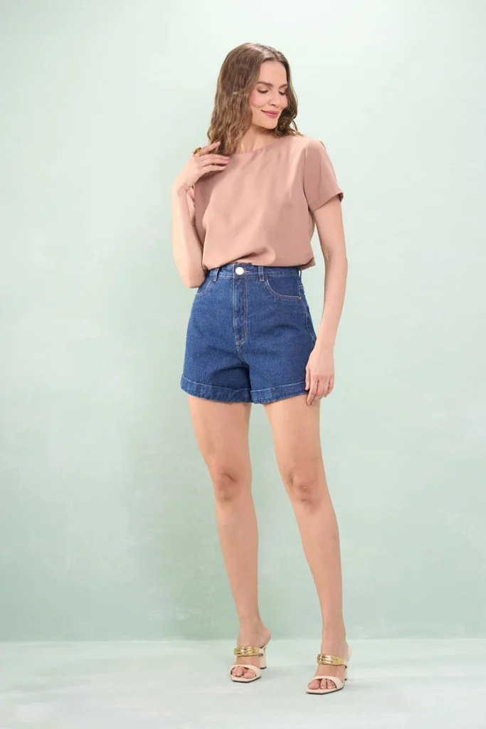 Blusa Manga Curta Decote Redondo Crepe