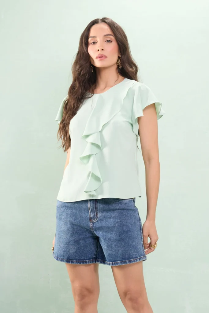 Blusa Com Babado Manga Jabour Crepe Rústico