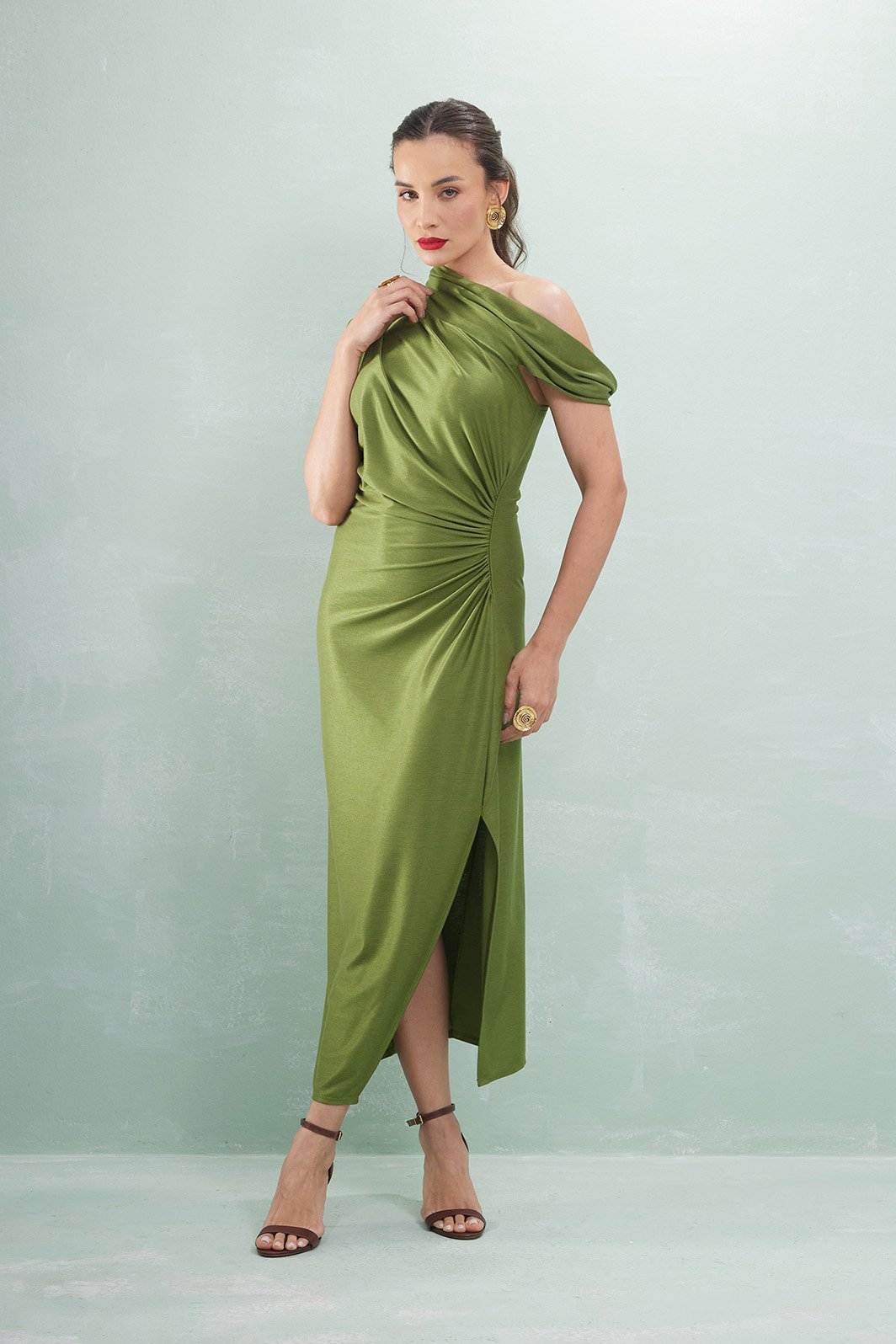 Vestido Midi Decote Assimétrico Malha Viscose