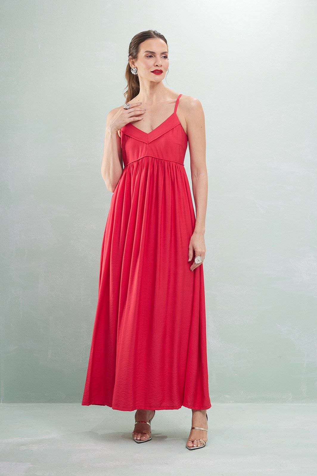 Vestido Longo Alça Detalhe Costas Crepe de Viscose